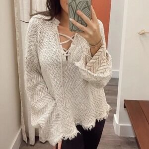 Billabong Sincerely Jules Tan Chevron Lace Up Fringe Sweater Women's Medium